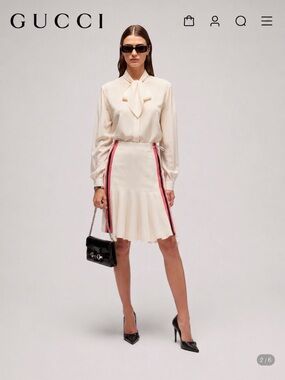 Gucci Cream Pleated Skirt with Pink & Black Side Stripes